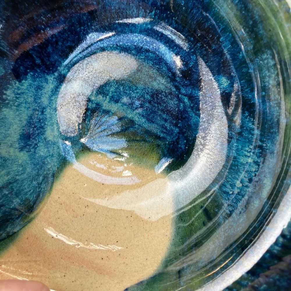 James Lawson Pottery Fish Bowl 1994 Vintage Blue Teal Drip Glaze Handcrafted Art